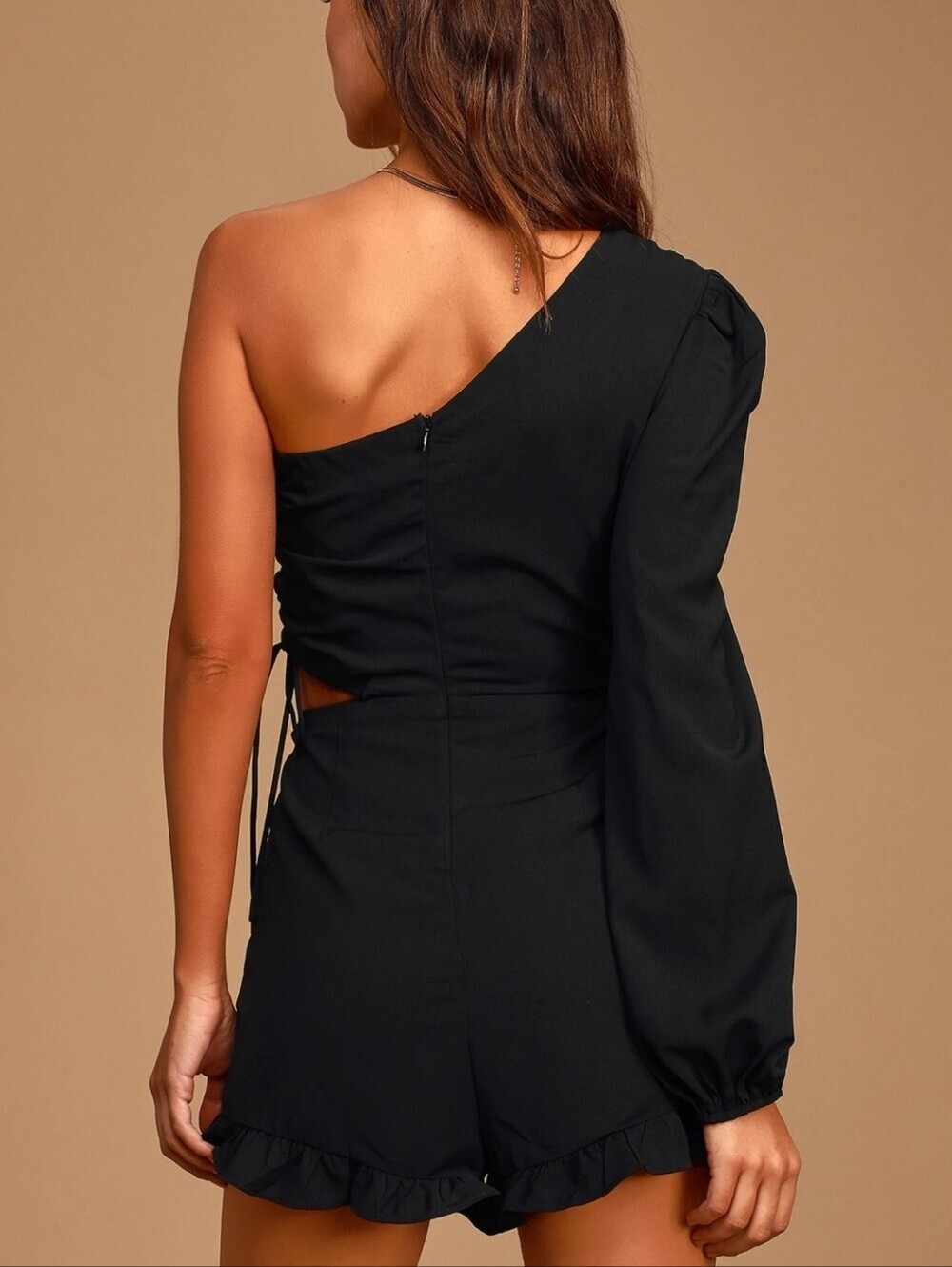 Lulu's One-Shoulder Black Romper with Ruffle Hem - Picture 3 of 11